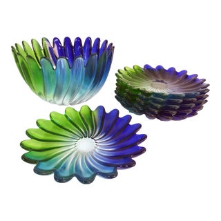 Walther Glas Blue + Green Ombre Petal Salad Set - 7 Pieces For Sale