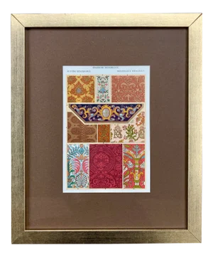 Antique Spanish Renaissance Chromolithograph Metallic Motif Print in Frame