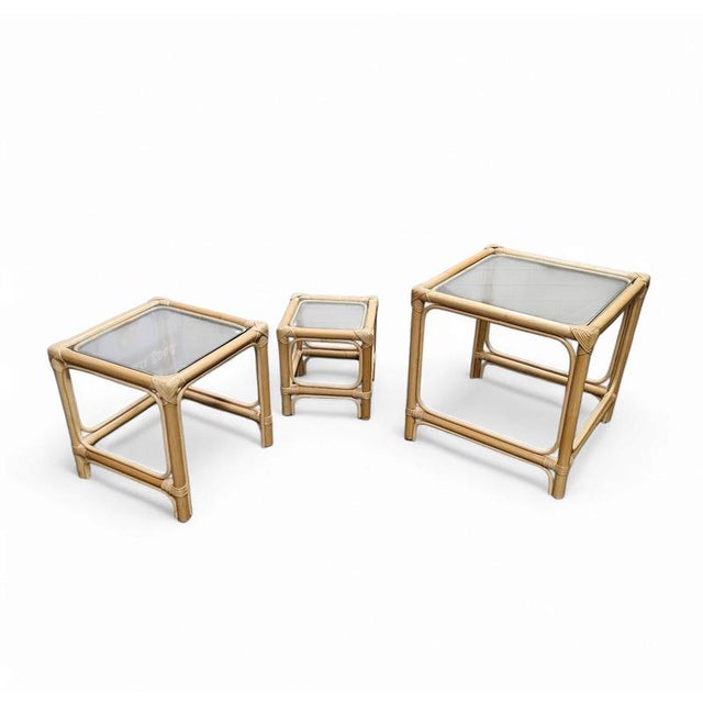 Bamboo Nesting Side Tables with Clear Glass Tops, 1970s, Set of 3 For Sale - Image 5 of 12