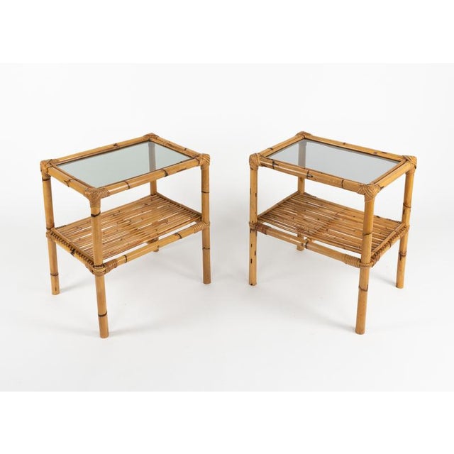 Mid-Century Side Tables in Rattan, Bamboo and Smoked Glass, Italy, 1970s, Set of 2 For Sale - Image 10 of 13