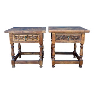Spanish Rustic Oak Bedside Tables with Carved Drawers, 1950s, Set of 2 For Sale
