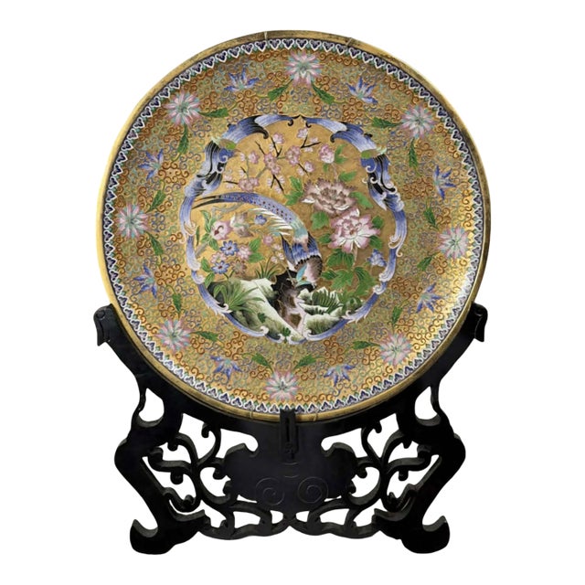 Large Antique Japanese Cloisonné Enamel on Brass Charger With Carved Wood Stand - 20" For Sale
