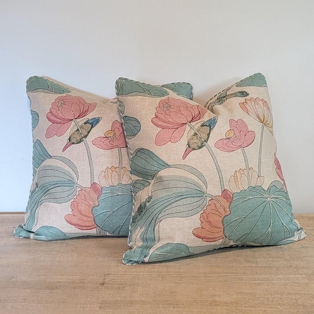 Lee Jofa Nympheus Twill Pillows in Pink/Teal With Braided Multi Cord- 22" Pair For Sale In Greensboro - Image 6 of 8