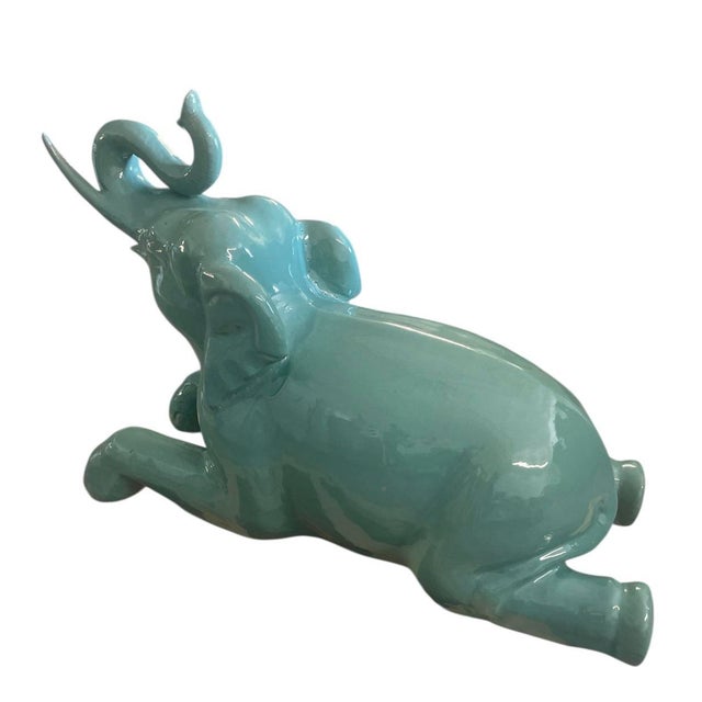 Large Vintage Italian Glazed Celadon Ceramic Reclining Elephant Sculpture For Sale - Image 4 of 11
