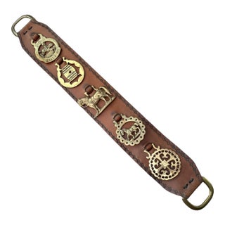 Vintage English Leather Horse Brass Martingale Wall Hanging With Five Brass Medallions For Sale