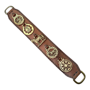 Vintage English Leather Horse Brass Martingale Wall Hanging With Five Brass Medallions