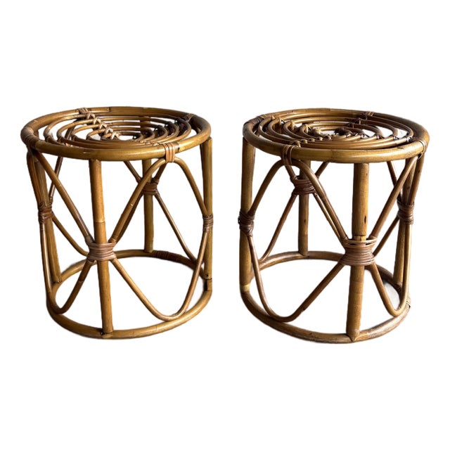 Vintage 1950s Franco Albini Style Italian Riviera Bamboo Stools or Side Tables For Sale