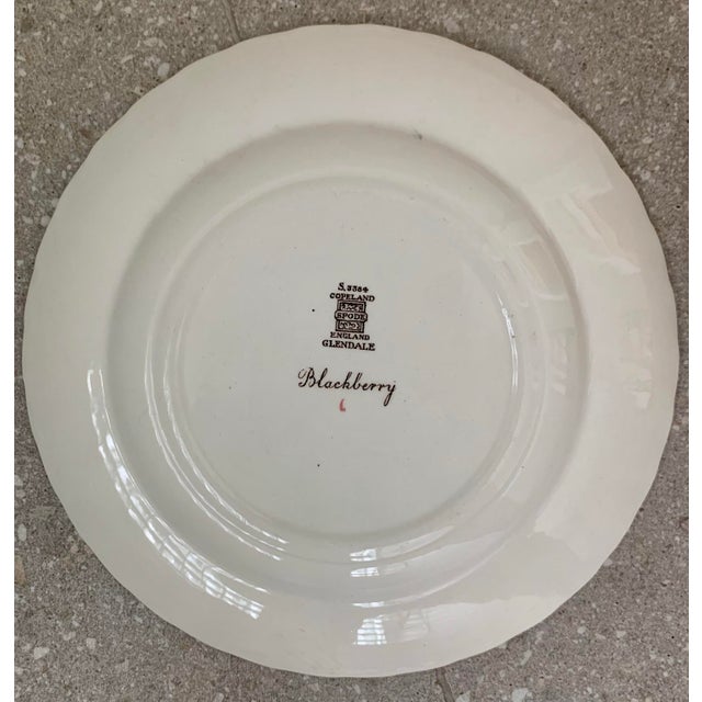 Vintage English Copeland Spode ‘Glendale’ Scalloped Plates in Chelsea Wicker, Botanical Centers With Varied Hand Colored Fruit & Floral- Set of 3 For Sale - Image 11 of 12