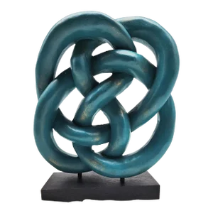 Large Wood Hand Carved 12" Teal Infinity Knot Sculpural Accent on Base