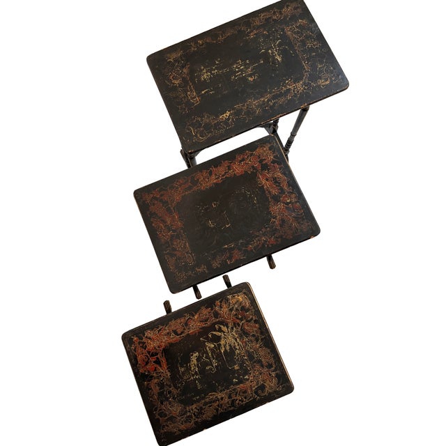 Antique Vintage Chinoiserie Ebonised Nest of Side Tables, 1890s, Set of 3, in Good conditions. Designed 1890 to 1919