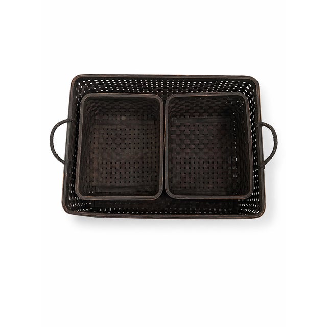 Wood Vintage Dark Woven Rattan Nesting Basket Set – 3 Piece Rectangular Storage Baskets For Sale - Image 7 of 7