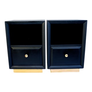 t.h. Robsjohn-Gibbings for Widdicomb Mid-Century Modern Matte Black & Gold Nightstands - a Pair For Sale