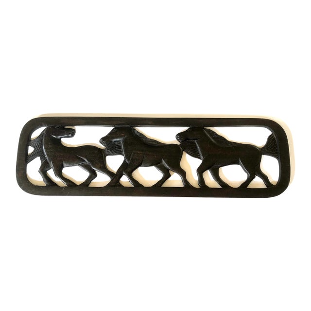 Horizontal Hand Carved Wooden Decorative Panel of Three Horses For Sale