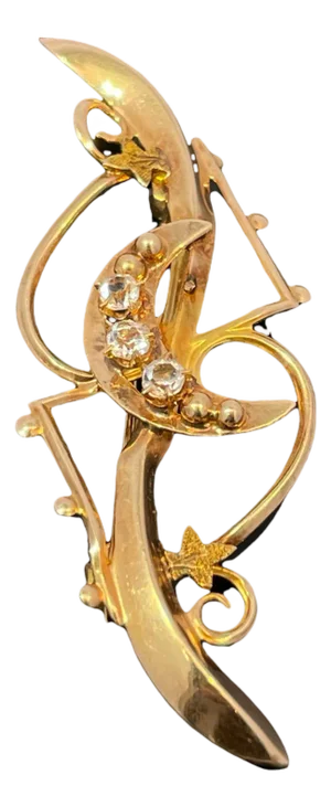 Vintage 14k Yellow Gold Diamond Crescent Moon Swirl Brooch