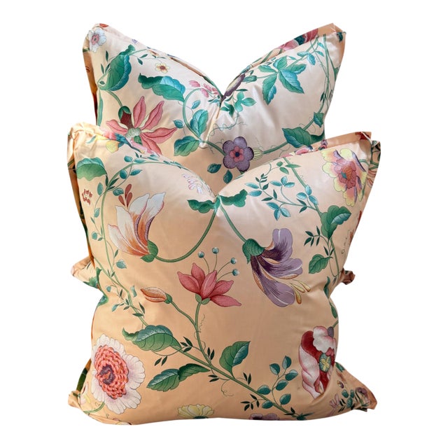 Umeko Japanaiserie Chintz Down Filled Pillows - A Pair For Sale