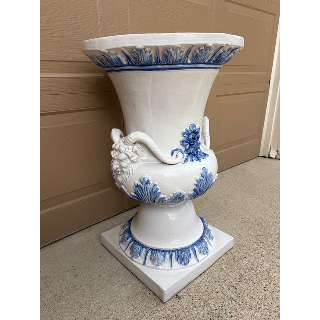 Late 19th Century Monumental Blue & White Majolica Grecian Urn With Jupiter Ammon Motifs For Sale - Image 5 of 17