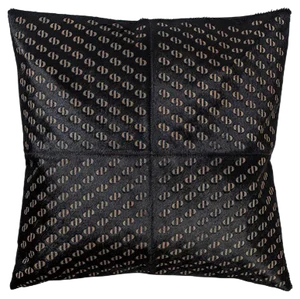Patterned Cowhide Cushion in Pitch Black with Leather Zip Tassels by Casa Botelho