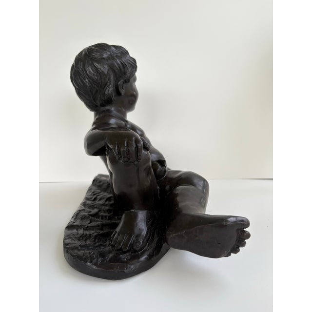 Transitional Vintage Bronze Finish Reclining Cherub Sculpture on Textured Base For Sale - Image 3 of 7