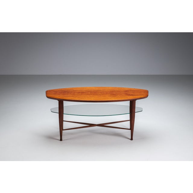 Mid-Century Modern Assymetrical Coffee Table with Glass Storage and Cross Leg Details, 1960s For Sale - Image 3 of 14