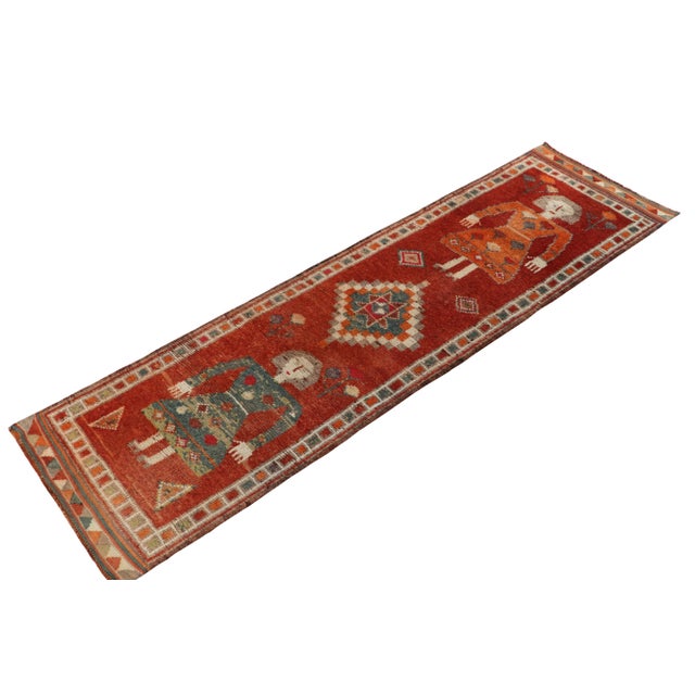 Tribal 1950s Vintage Tribal Runner in Red, Orange and Blue Pictorial Figures For Sale - Image 3 of 7