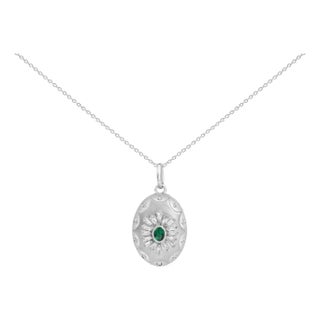 Sterling Silver Lab Grown Emerald and Diamond Sunburst Medallion Pendant Necklace For Sale