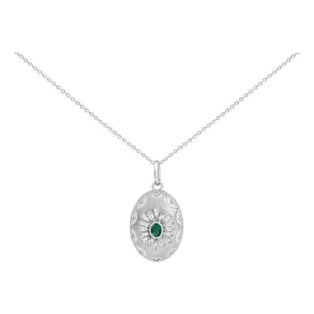 Sterling Silver Lab Grown Emerald and Diamond Sunburst Medallion Pendant Necklace For Sale