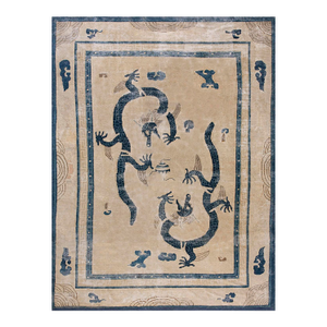 1880s Tan Beige Dragon Antique Chinese Ningxia Rug 9'x 11' 6" Handknotted Wool Carpet