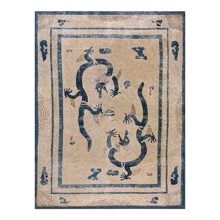 Magistral and Traditional Tan Beige Color Antique Chinese Ningxia Dragon Rug For Sale