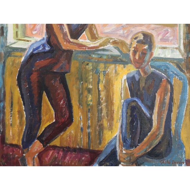 Mid-Century Modern 'Figures at the Window' Vintage Swedish Expressive Figurative Oil Painting, Framed For Sale - Image 11 of 14