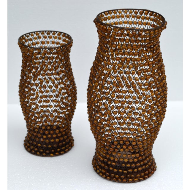 Set 2 Vintage Decorative Amber Gemstone Beaded Lattice Hourglass Shaped Candle Holders For Sale In Miami - Image 6 of 15