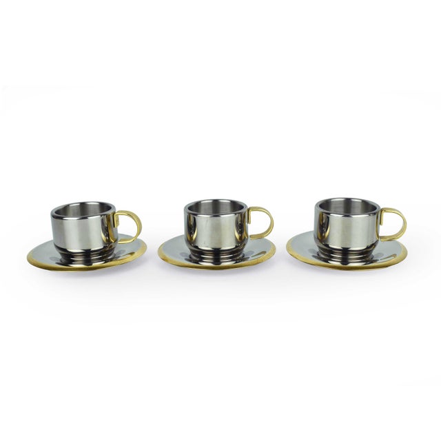 Mid 20th Century Italian Stainless Steel and Gold Espresso Demitasse Cups & Saucers With Moka Pot Serving Set by Inox- 15 Pieces For Sale - Image 9 of 11