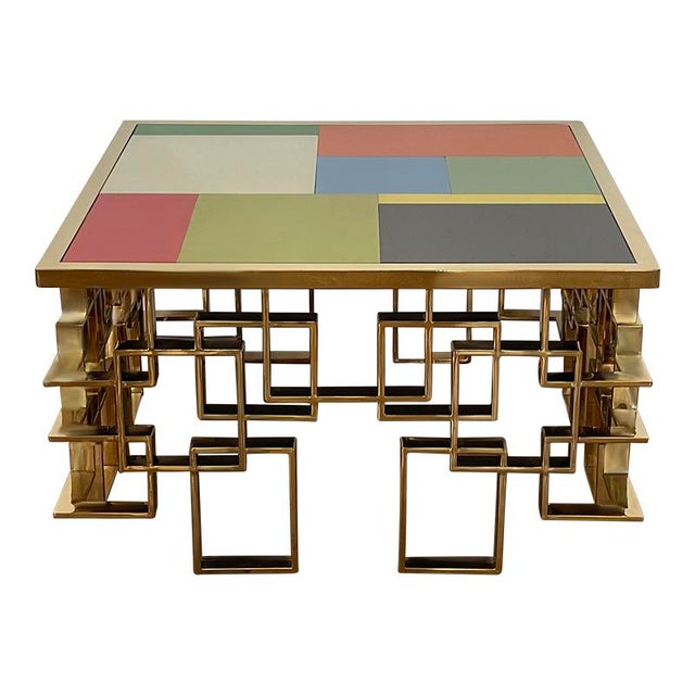 Low Living Room Table in Chrome-Gold Steel and Multicolored Murano Glass Top, 1980s For Sale - Image 4 of 7