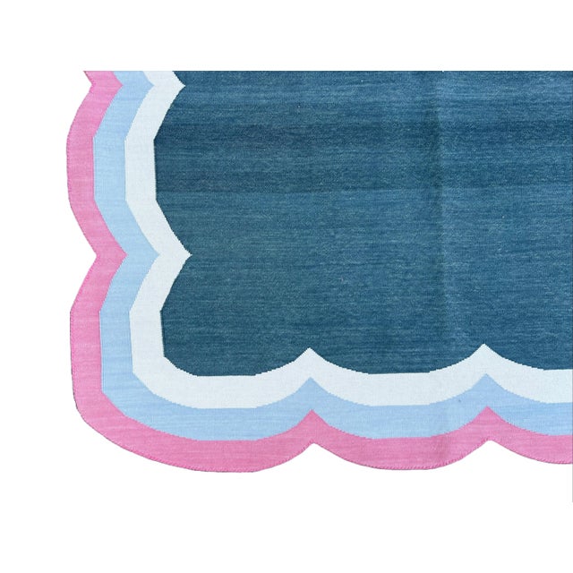 Handmade Cotton 4 Sided Scalloped Rug Celadon Blue With Cream and Pink Border - 9'x12' For Sale - Image 10 of 10