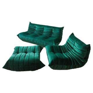 Bottle Green Velvet Togo Lounge Chair, Pouf and 3-Seat Sofa by Michel Ducaroy for Ligne Roset, Set of 3 For Sale