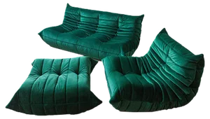 Bottle Green Velvet Togo Lounge Chair, Pouf and 3-Seat Sofa by Michel Ducaroy for Ligne Roset, Set of 3