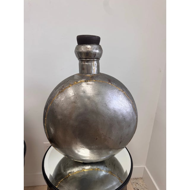 1980s Pair of Large Vintage Indian Tin and Brass Water Vessels With Wooden Cork Stoppers For Sale - Image 5 of 11