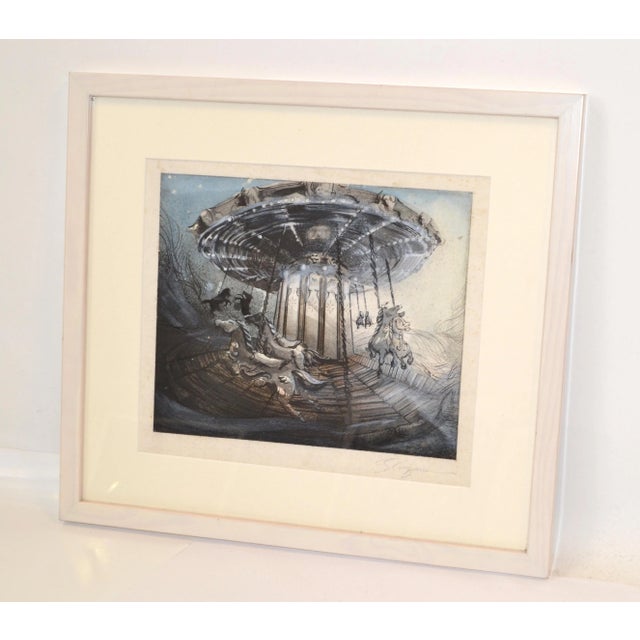 White Framed Signed Antique French Montmartre Carousel Night Mid-Century Modern For Sale - Image 9 of 13