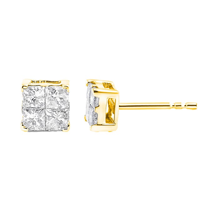 Contemporary 10K Yellow Gold Plated .925 Sterling Silver 1.0 Cttw Princess-Cut Diamond Composite Multi Stone Stud Earrings (J-K Color, SI2-I1 Clarity) For Sale - Image 3 of 5