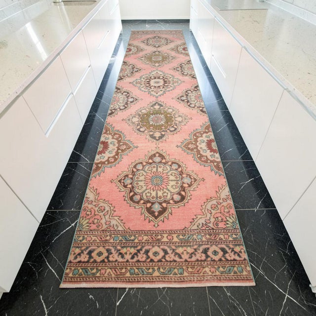 Hand-Knotted Oushak Runner Rug Faded Pink Low Pile Hallway Decor Kitchen Rug- 3'2″x 12'4″ For Sale - Image 4 of 14