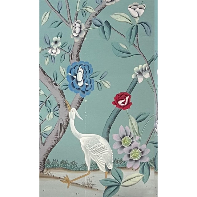 Chinoiserie Hand Painted Teal Chinoiserie Blossom Egret Bird Mural Panel For Sale - Image 3 of 3