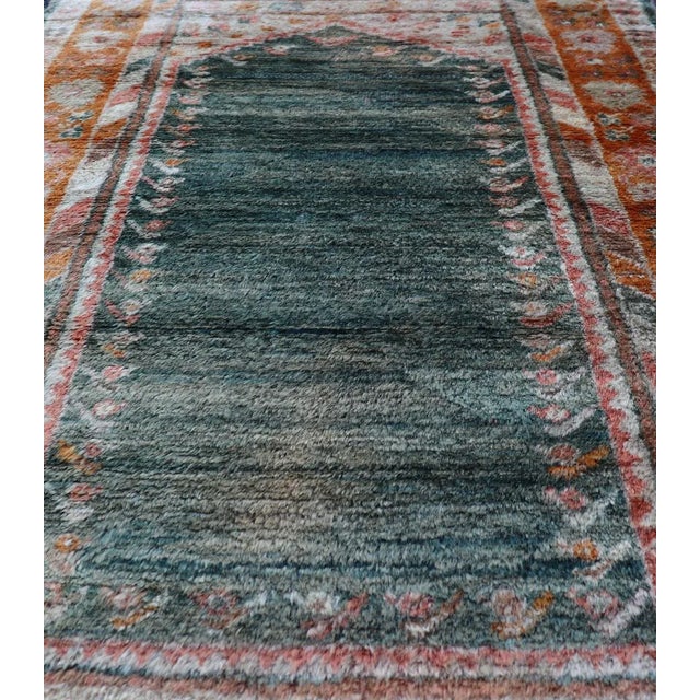Shabby Chic Antique Angora Oushak Rug With Solid Background in Teal, Blue, Orange Colors 3'2 X 5'4. For Sale - Image 3 of 11
