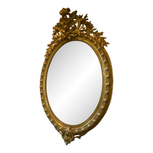 19th-Century French Gold Leaf Oval Louis XV-style Mirror With Crest--"Love Birds"