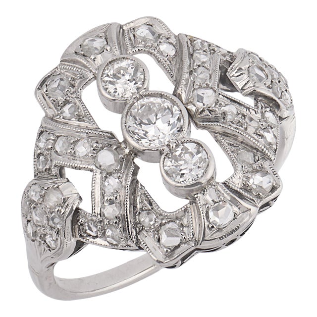 1930s Art Deco Diamond Platinum Ring, Size 8.5 For Sale