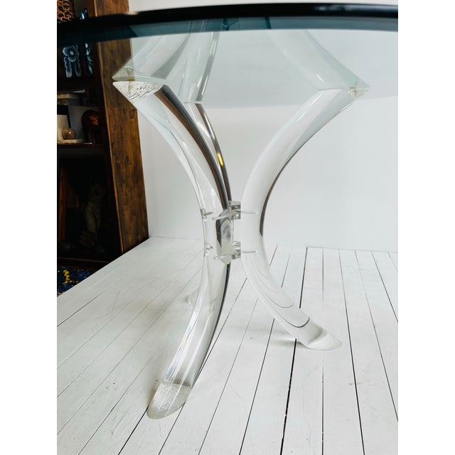 Vintage 1970’s postmodern Charles Hollis Jones style lucite breakfast or game table. Glass measures 44” x 44” and .25”...