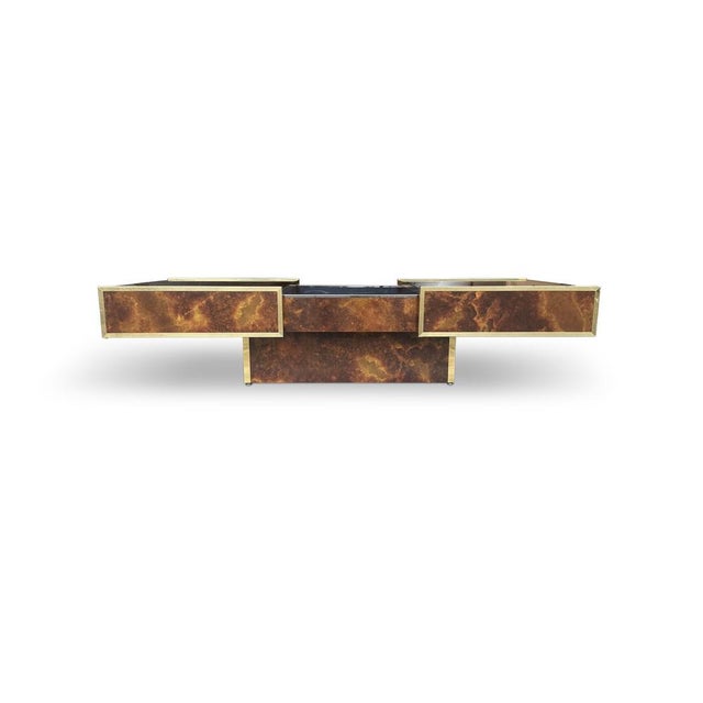 Coffee Table in Burl Wood and Brass Metal with Bar from Maison Lancel, France, 1980s For Sale - Image 10 of 10