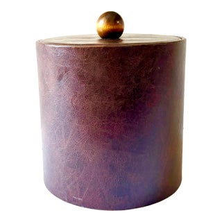 Vintage Kraftware Elegance Brown Leatherette Ice Bucket With Round Wooden Knob For Sale