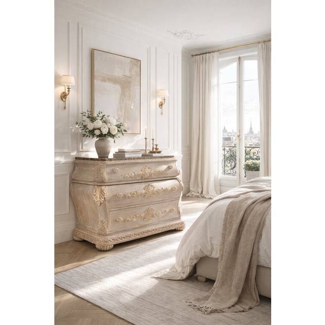 1990s French Provincial Bombe Marble Top Dresser – Louis XV Style Chest – Carved & Gilt – 3 Drawer For Sale - Image 13 of 16