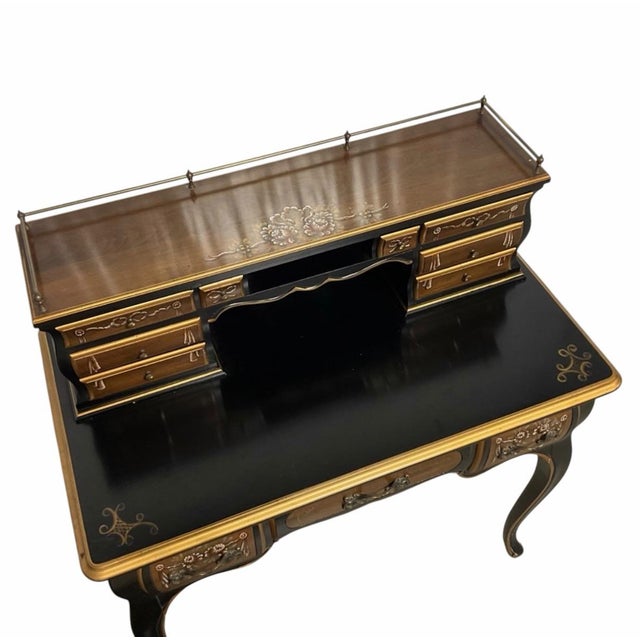 Paint Early 20th Century Chinoiserie-Style Black Lacquer Harpsichord Desk and Matching Cane Back Chair. For Sale - Image 7 of 9