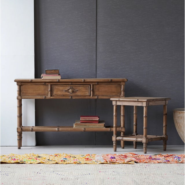 New special order item. Not vintage. The Faux Bamboo Console Table has a single drawer at its center with a wood handle...