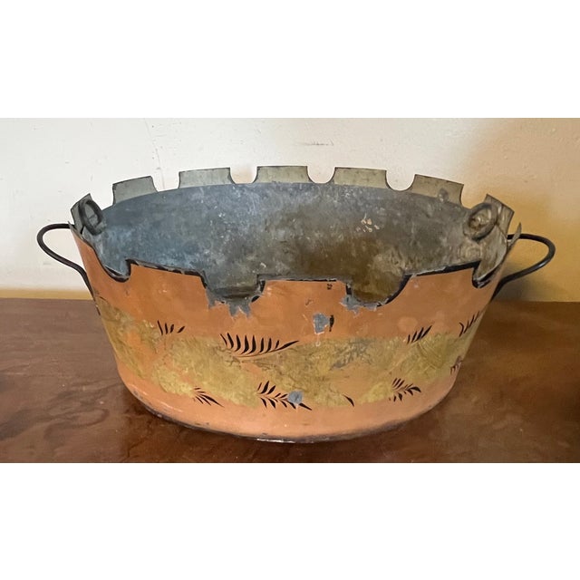 Salmon Antique Early 19th Century French Empire Tole Monteiths or Cachepot Jardinieres With a Garland of Gold Leaves on a Salmon Ground - A Pair For Sale - Image 8 of 17